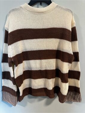 heyday Cream and Brown Wide-Stripe Crewneck Sweater